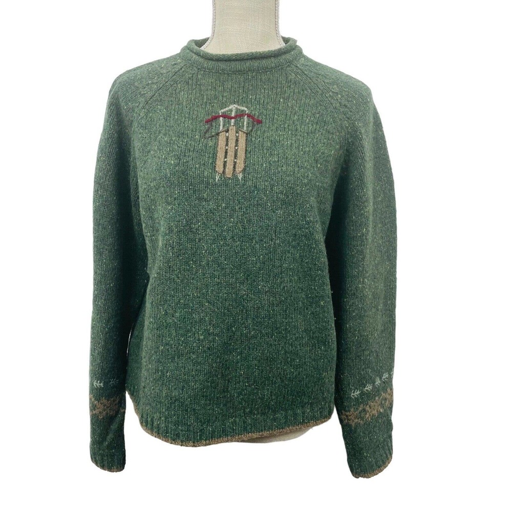Vintage Woolrich Christmas Sweater Lambs Wool Winter Sled Snow Womens Sz L Green